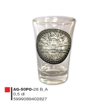 Schnapsglass mit Metallschild