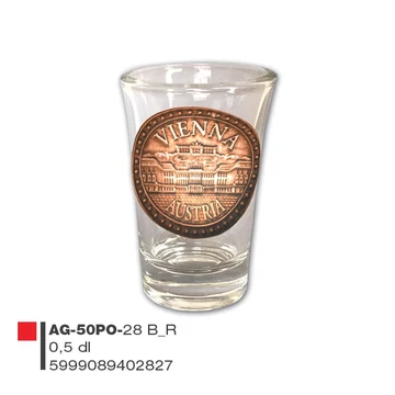 Schnapsglass mit Metallschild