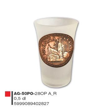 Schnapsglass mit Metallschild