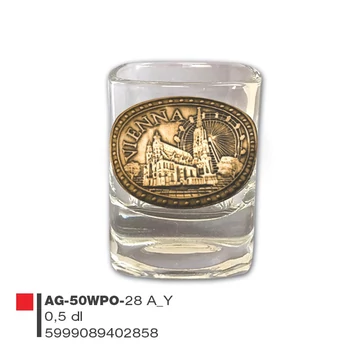 Schnapsglass mit Metallschild