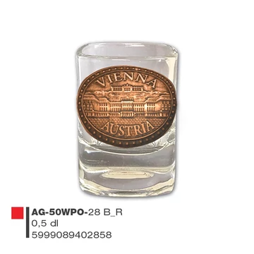 Schnapsglass mit Metallschild